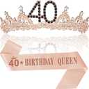 40th Birthday Decorations for Women, Black Rose Gold 40th Birthday Crown and Sash Womens 40 Year Old Tiara Gifts Party Favors for Her Female Friends Sisters Daughter Wife Mom