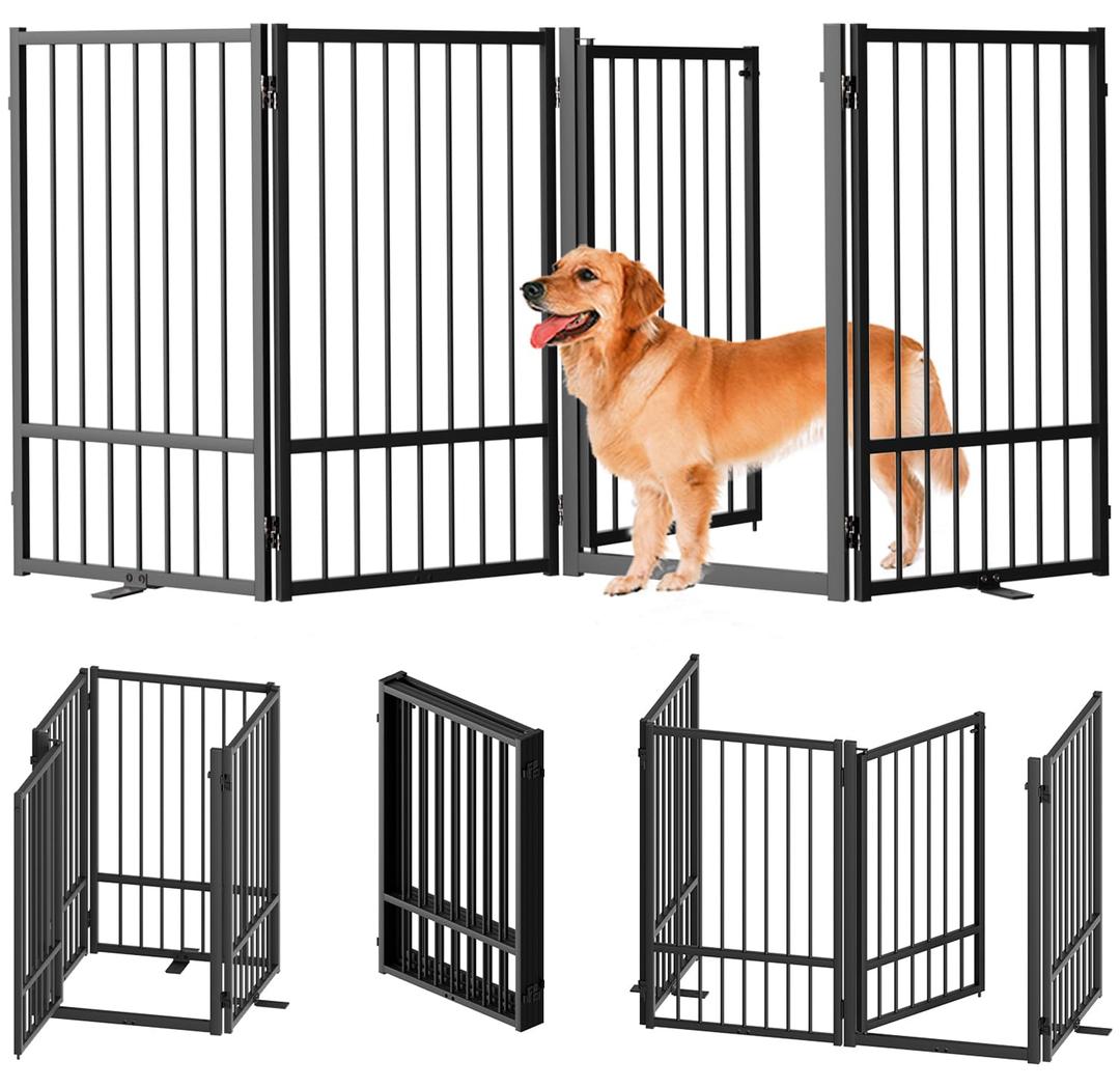 Full Metal Freestanding Dog Gate with Door, 32''Height Foldable Pet Dog Fence for Indoor & Outdoor, 4 Panels Extra Wide Free Standing TallDog Gates for Doorways,House,Stairs,Porch,Deck,Yard