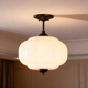 Bofea-Antique Milk Glass Semi Flush Mount Light,15" Black Schoolhouse Hanging Lights,Unique Vintage Pumpkin Pendant Light Fixtures,Indoor Art Deco Chandelier for Kitchen Hallway Dining Room