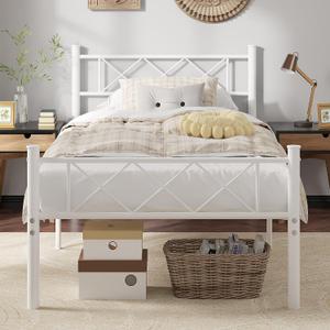 VECELO Twin Size Bed Frame with Headboard, Heavy Duty Bedframe with Strong Metal Slats, No Box Spring Needed & Easy Assembly, Pure White