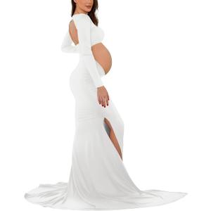 Bhome Maternity Dress for Photoshoot Cut-Out Backless Side Split Maternity Maxi Gown for Photoshoot (White) XL
