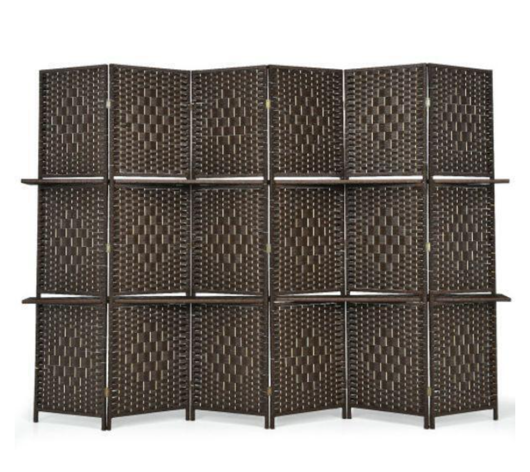 Total Tactic JV10161BN 6-Panel Folding Weave Fiber Room Divider with 2 Display Shelves, Brown