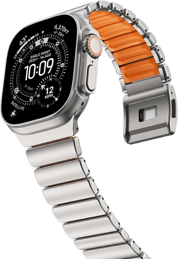 NewWays Stainless Steel & Silicone Hybrid Band for Apple Watch Ultra 3 2 1 49mm Series 11/10 46mm 45mm 44mm Series 4 5 6 7 8 9 10 11 SE Link Bracelet Magnetic Clasp Strap Sport Metal Band for Men (Titanium w/ Orange)