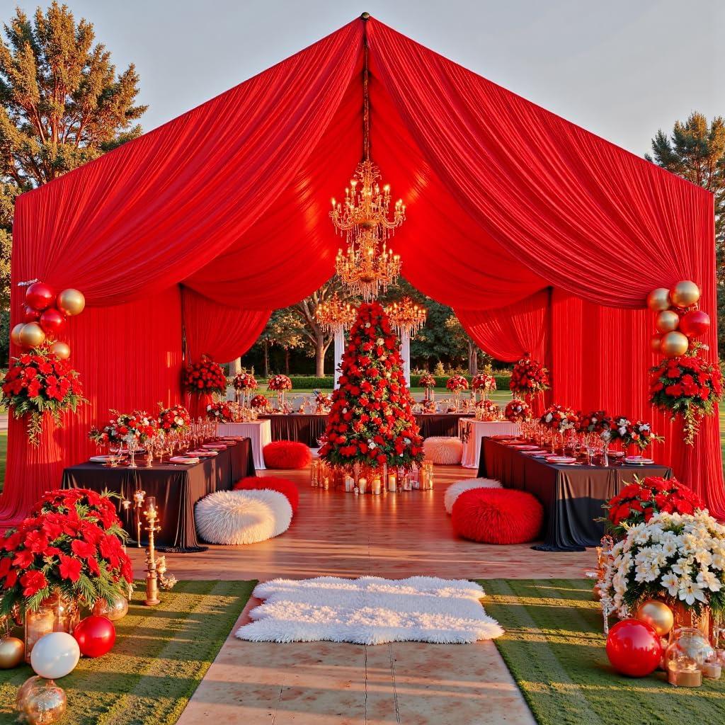 4 Panels 5ftx30ft Red Ceiling Drapes for Valentines Day Decoration 30 FT Extra Long Thick Polyester Wrinkle-Free Drapery Tent Decor Decorations for Birthday Party Ceremony Stage Swag, 60"W x 360"L