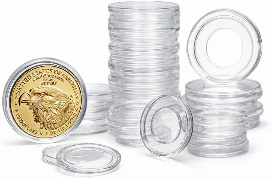 Gold Coin Holder Variety Pack – 25 Capsule Set (5 Each: 16mm, 22mm, 27mm, 32mm, 34mm) – Fits American Eagle, Maple Leaf, Krugerrand, Double Eagle – Clear Air Tight Display Cases – Made in USA