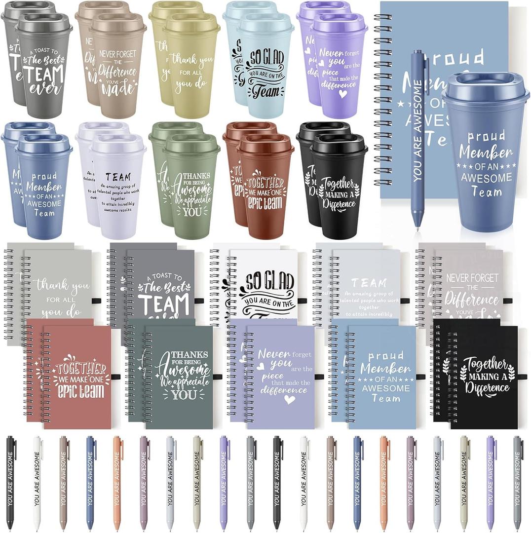 60 Pcs Employee Appreciation Christmas Gift Set, 16oz Tumbler with Lid Notebook Pen Bulk Thank You Gift Holiday Party Favor for Office Coworker Teacher Staff Team (Dark Color,Delicate Style)