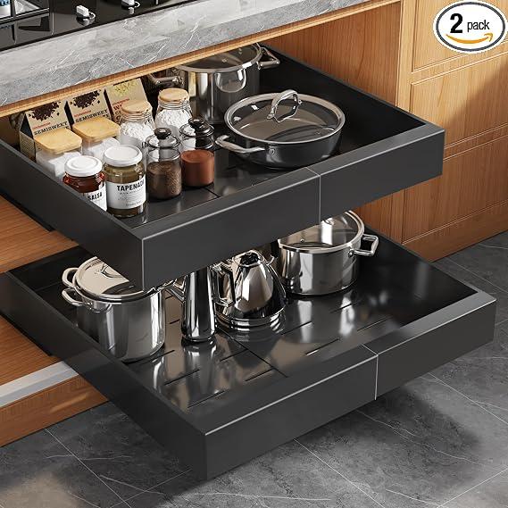 Seinloes 2Pack Expandable Pull Out Cabinet Organizer 21" Deep with Raising Pad for Framed Cabinets, Upgrade 3 Slide Rails Slide Out Drawers, Roll Out Shelves Adhesive, Adjustable Width 12.05"-20.4"Black