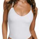 OMKAGI Racerback Workout Tops for Women Built in Bra Cute Open Back V Neck Longline Sports Bra Top (M, 84-White)