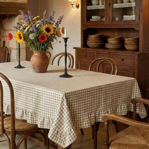 Mindsoft Light Brown Gingham Ruffled Tablecloth 84 x 60 Inches Rectangle Cotton Linen Checkered Table Cloth Buffalo Plaid Farmhouse Vintage Decorative Tablecover for Picnic Kitchen Dining Home Party