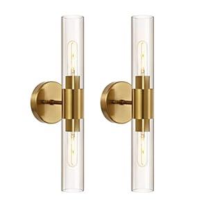 BAODEN Set of 2 Gold Bathroom Vanity Light Fixtures Modern Wall Sconce Clear Glass Shade 2-Lights Mid Century Wall Light Industrial Wall Lamp for Mirror Living Room Hallway