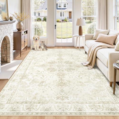 6x9 Area Rugs for Living Room: Washable Vintage Floral Rug Soft Non-Slip Rugs Stain Resistant Boho Print Pattern Medallion Indoor Carpet for Bedroom Nursery Dining Room Office (Beige, 6'x9')