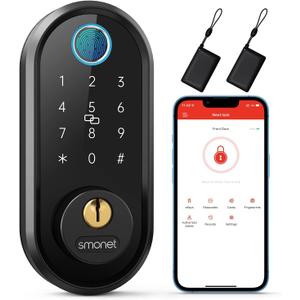 Smart Lock, SMONET Fingerprint Door Lock Smart Deadbolt Keyless Entry - Electronic Digital Keypad with Biometric Fingerprint, Smartphone App Auto Lock Bluetooth Keys Fobs Smartlock for Alexa, Home (Black)