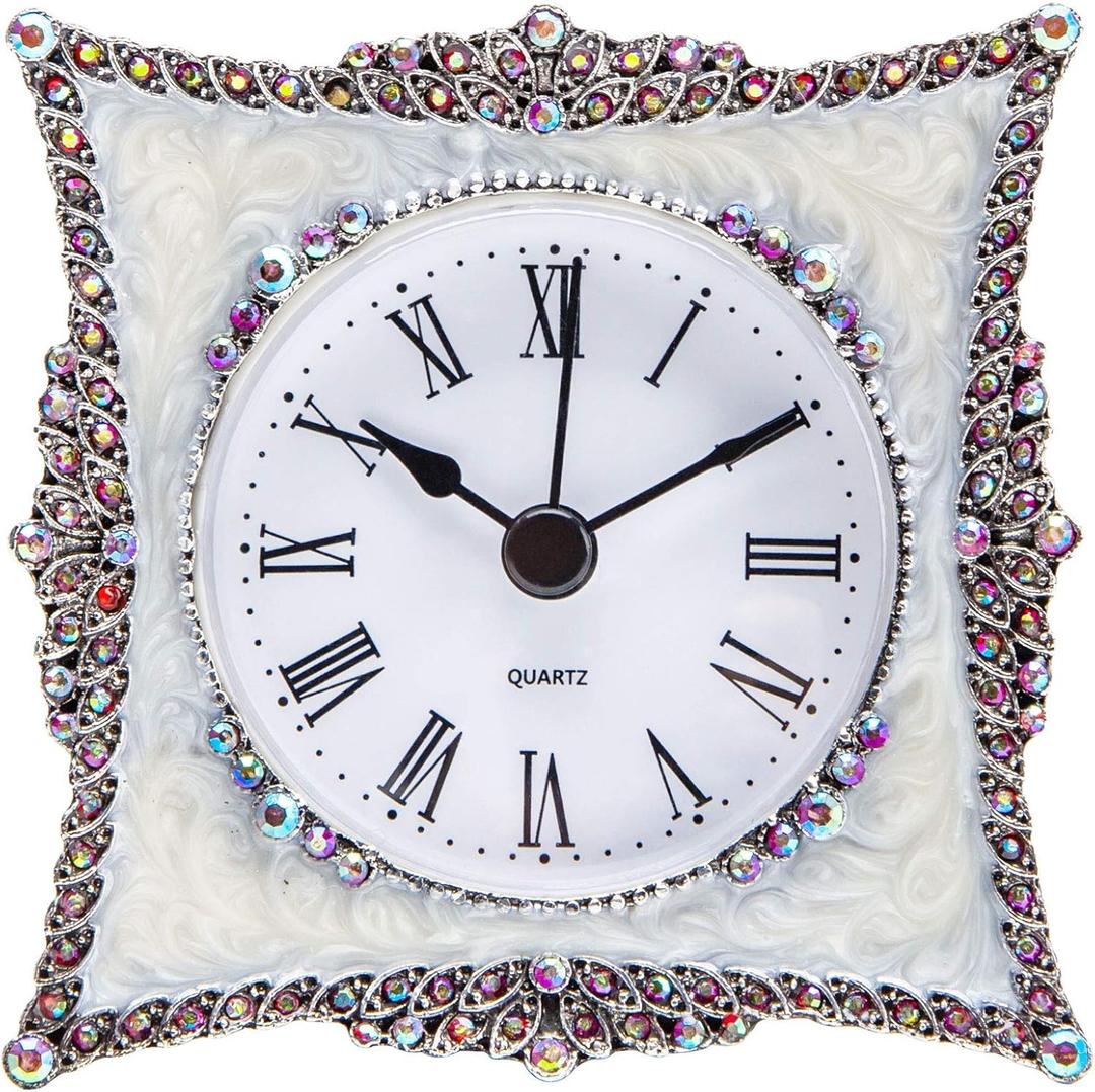 NIKKY HOME Crystal Elegant Small Quartz Analog Table Clock with Rosy Rhinestone Non-Alarm Desk Clock 3.5 by 1.5 by 3.5 Inches, White and Pink (Mistyrose)