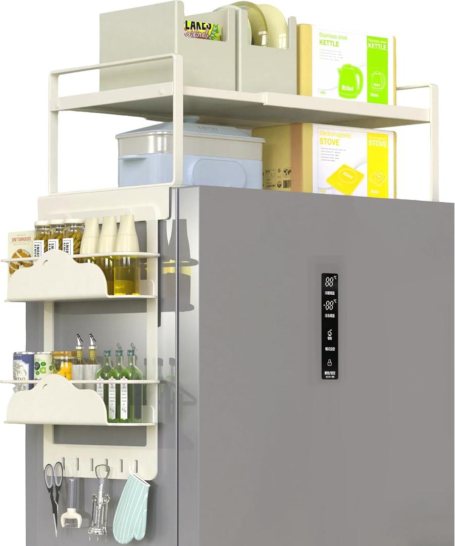 Adjustable Over The Fridge Organizer Side Magnetic Spice Rack,12.4"-23.62" Expandable Top Shelf with Hook & Magnetic Dual Fixed Spice Rack, Fits Most Large Kitchen Laundry Appliances,Beige