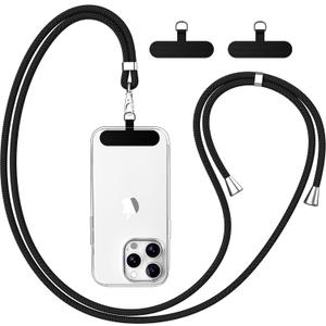 Phone Lanyard, 2 Patches, 1 Polyester Adjustable Strap, Adjustable and Removable Universal Cell Phone Multifunctional Patch Lanyards Compatible with Most Smartphones-Black