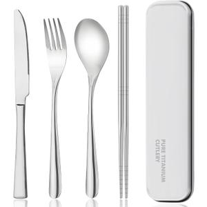 titanium tableware set, travel tableware with box, including titanium fork, knife, chopsticks and spoon, packed in a suitcase, portable design, suitable for school, work, picnic, camping use
