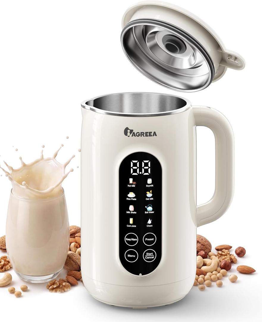 IAGREEA 10-in-1 Nut Milk Maker Machine 304 Stainless Steel Lid BPA Free, 35oz Soy Milk Maker for Homemade Milkshake/Nut/Oat/Plant-Based Drink, 10 Blades Blenders with Delay Start/Boil Water/Self Clean