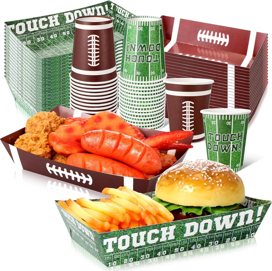 LemonRoad 100 Pcs Football Party Supplies Kit Include Disposable Football Paper Food Trays Serving Boats and Paper Cups for Tailgate Events Sport Theme Birthday Decorations