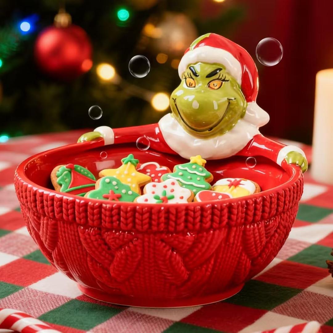 6.5 Inch Christmas Candy Bowl, 100% Ceramic Candy Dish Bowl Holiday Hand-Painted Character with Santa Hat & Suit for Snacks, Dessert, Soup, Microwave & Dishwasher Safe, 30 Oz