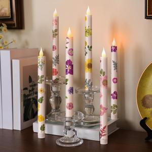 Nuanchu 6 Pcs Floral Taper Candles 10.6 Inch Pastel Flameless Candles Colored Battery Operated Dried Flower Candlestick LED Pressed Floral Candlestick for Home Wedding Summer Garden Party Decoration