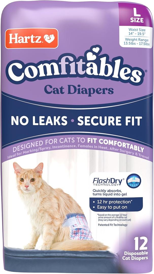 Hartz Comfitables Cat Diapers, Size L, 12 Count, Comfortable & Secure Fit, Easy to Put On