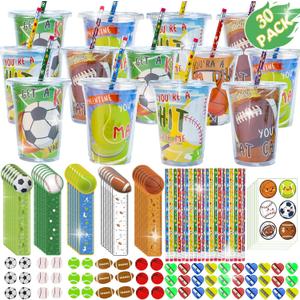 30 Pack-210+ Piece Sports Stationery Gift Set, Valentines Day Gifts Cards for Kids Classroom Exchange Prize, Valentine's Sports Party Favors with Cards Cups Pencils Rulers Stickers Erasers