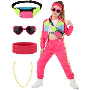 AOTHSO 7 Pcs Kids Hip Hop dance Costume for Girl 80s 90s Tracksuit Outfit Modern Jazz Team Performance Set Cosplay Party (9-10 Years, Hot Pink)