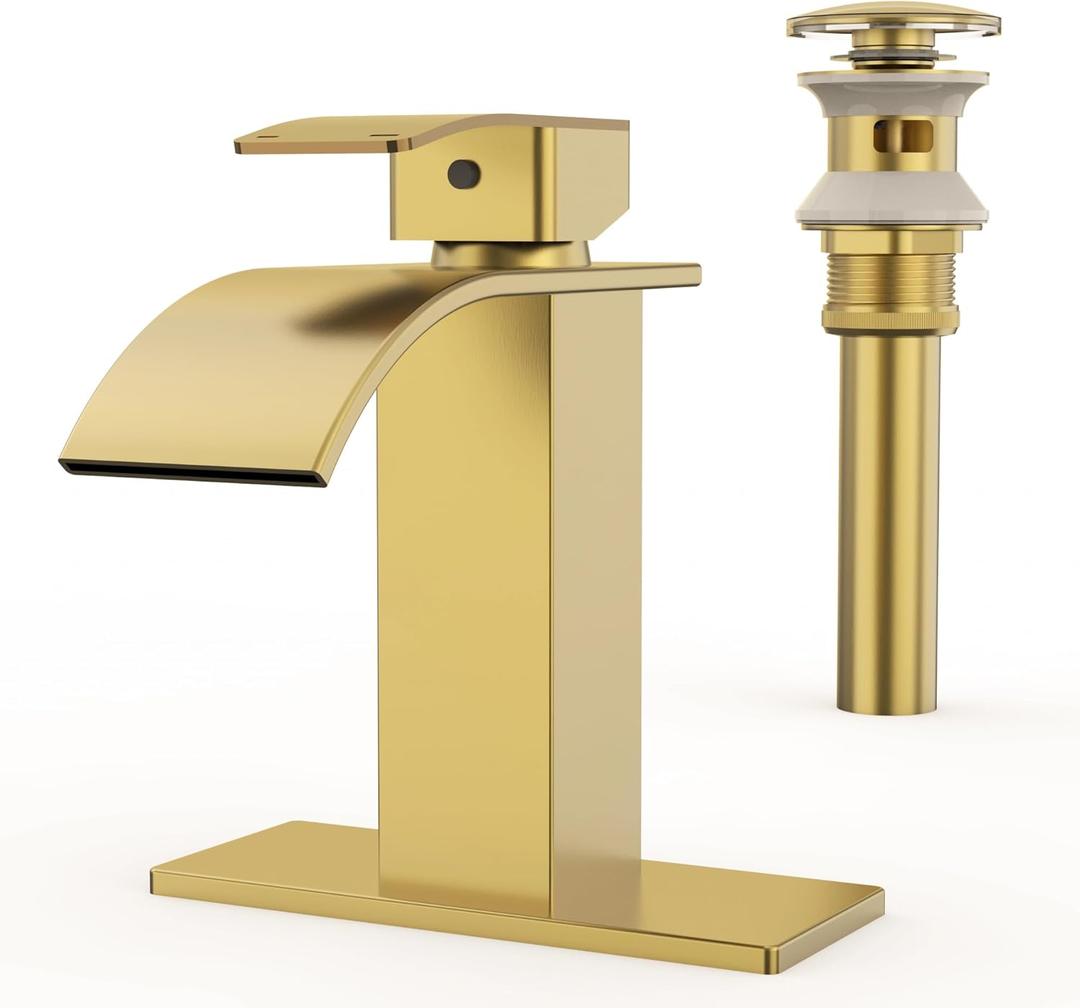 RUACQ Waterfall Bathroom Faucet,Single Handle Bathroom Sink Faucets for 1 or 3 Hole, Stainless Steel Washbasin Mixer Tap with Deck,Pop-up Drain and Supply Hoses (Glod) (Gold)