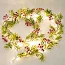 Christmas Garland with Light,Lighted Snowy Red Berries Holly Leaves Garland for Fireplace Mantle Indoor Outdoor Christmas Decoration 6.5FT Pre-lit Battery Operated Xmas String Lights 2 Pack