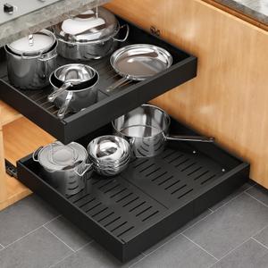 Pull out Cabinet Organizer, 2 pack, 20.5" Deep Heavy Slide out Drawers, Upgrade Three Triple-Slide Rail Systems, Expandable 12.8"-20.8" Roll out Shelf Storage for Kitchen Base Cabinet Organization