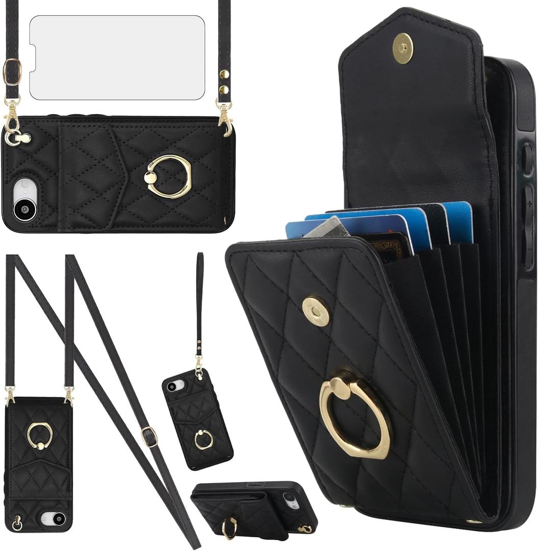 Phone Case for iPhone 16e/SE 2025/SE 4 Wallet Cover with Tempered Glass Screen Protector and Ring RFID Blocking Card Holder Cell i Phone16e i16e 16 e SE4 4th Generation 16eCase Women Men Girls Black