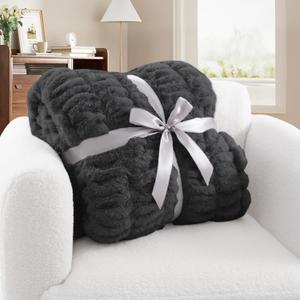 Ultra-Soft Faux Rabbit Fur Throw Blanket 50"x60",Cozy Fuzzy & Plush Throw for Couch & Bed, Super Heavy Warm Fluffy Thick Blanket for Sofa Bedroom Living Room Home Decor - Dark Grey