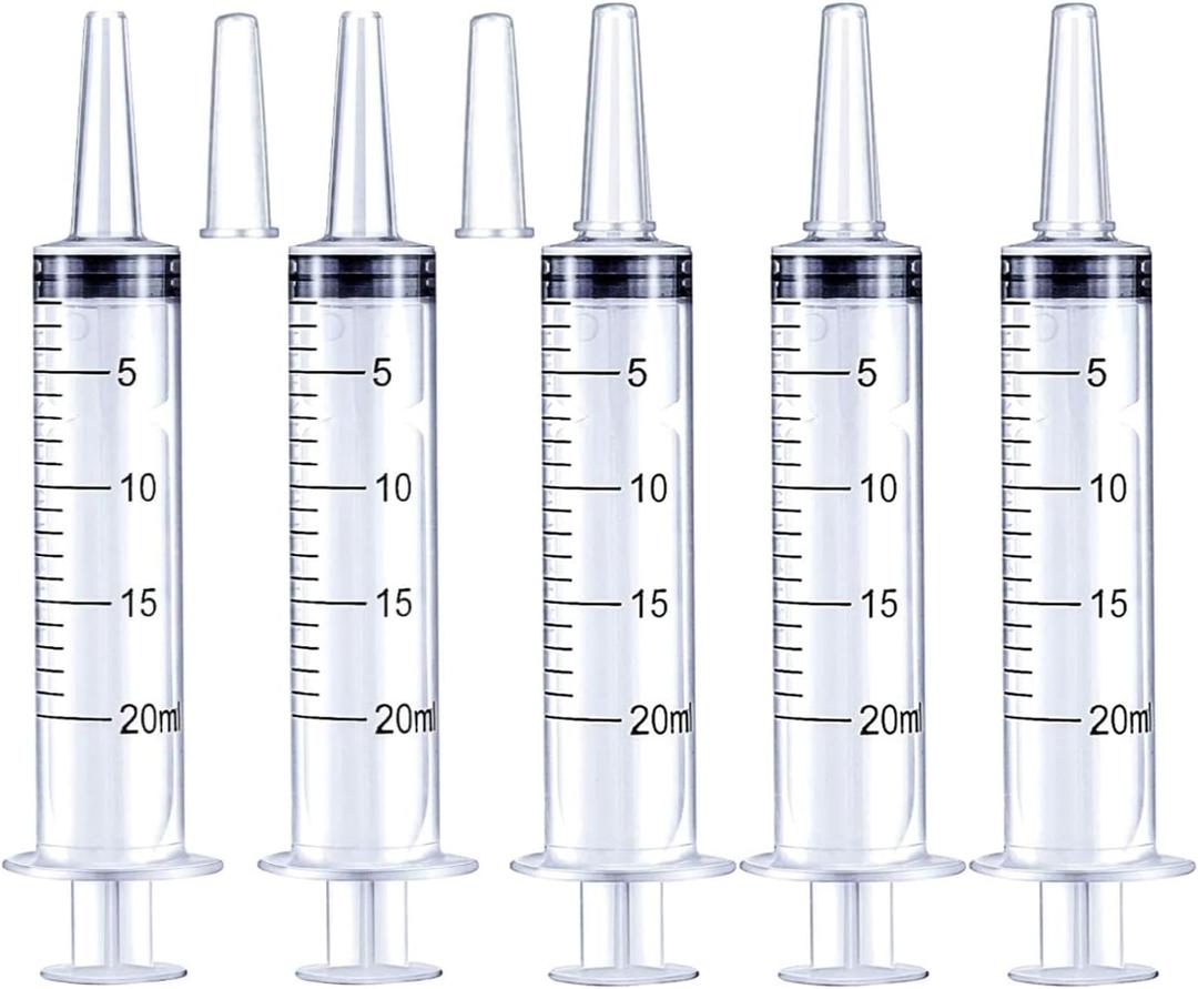 5Pack 20ml Plastic Syringe with caps for Liquid Measuring,Oral,Scientific Labs,Feeding Pets, Oil or Glue Applicator, Halloween Party, Sterile Individually Packed