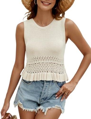 CiCiBird Women Cute Crop Sweaters Vest Knit Sleeveless Pullover Tops Crochet Ruffle Hem Tank Mall, Beige  CiCiBird Women Cute Crop Sweaters Vest Knit Sleeveless Pullover Tops Crochet Ruffle Hem Tank Mall, Beige