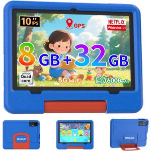 IWEGGO Android 15 Kids Tablet with EVA Case, 10 inch Tablet for Kids, 8GB RAM+32GB ROM/MAX 1TB, 1280 * 800 IPS HD Eye-Care Touch Screen, 1.8GHz Quad-core Toddler Tablets, 5G WiFi6, Widevine L1 Blue