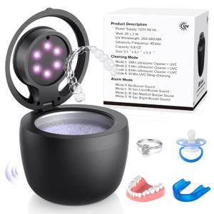 2025 Upgraded Ultrasonic Retainer Cleaner Machine with  / Lights,  Alarm, 45kHz Denture Cleaner, Mouth Guard Cleaner, Night Guard Cleaner Dental Cleaning Pod (Black01)