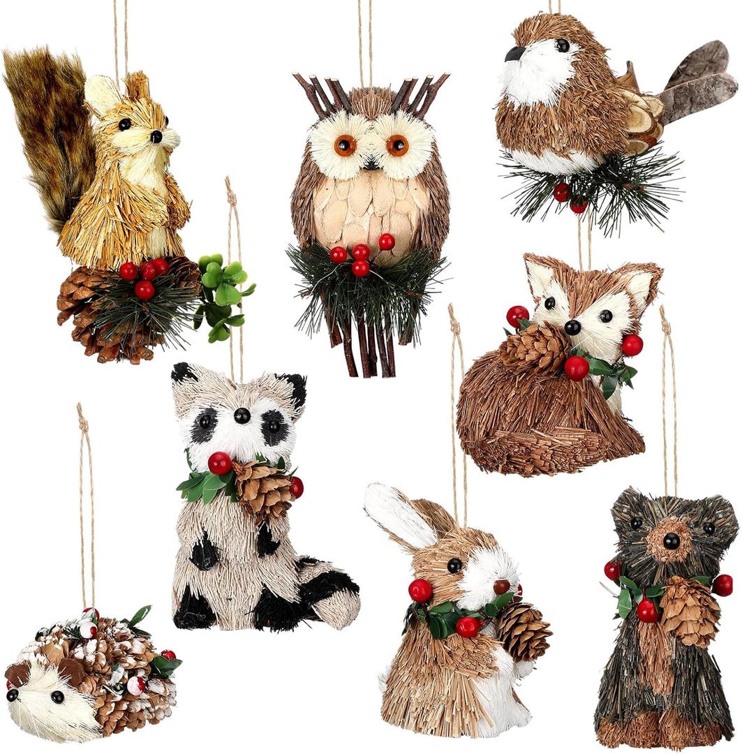 8 Pack Sisal Woodland Animal Ornaments Mini Christmas Tree Ornaments Natural Sisal Straw Friends Animals Figurines Neutral Rustic Christmas Hanging Accessory Forest Woodland Decor(Classic)