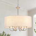 18'' Drum Chandeliers for Dining Room, 6-Light Modern Farmhouse Chandelier Linen Pendant Light, Brushed Nickel Round Chandelier Hanging Light Fixture for Living Room Bedroom Foyer