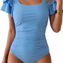 Eomenie Women's Tummy Control One Piece Swimsuit Ruffle Square Neck Bathing Suit Ruched Cutout Back Slimming Swimwear (M, Bsby Blue)