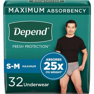 Depend Fresh Protection Adult Diapers, Incontinence Underwear for Men, Disposable, Maximum, Small/Medium, Grey, 32 Count