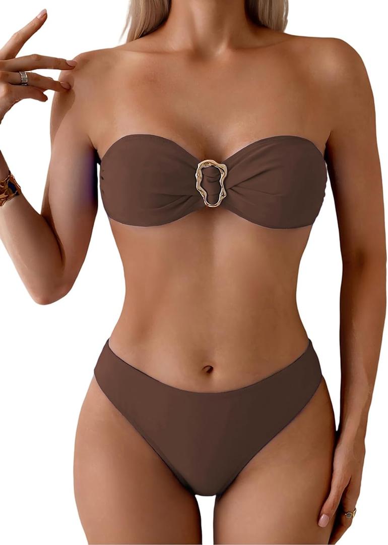 Tainehs Women's Strapless Bikini Sets Tube Top Bandeau Swimsuit Tie Back Mid Rise Two Piece Bathing Suits (Large, Deep Coffee)