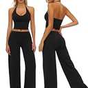 ABOCIW Workout Sets for Women 2 Piece V Neck Adjustable Halter Crop Top Matching Wide Straight Leg Yoga Pants Leggings Gym Pilates Outfits Athletic Work Out Clothes Halter Black X-Large