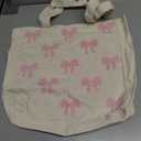 Shinylin Pink Bow Embroidery Tote Bag for Women Reusable Aesthetic Canvas Floral Shoulder Bag for Work Shopping Grocery Gift