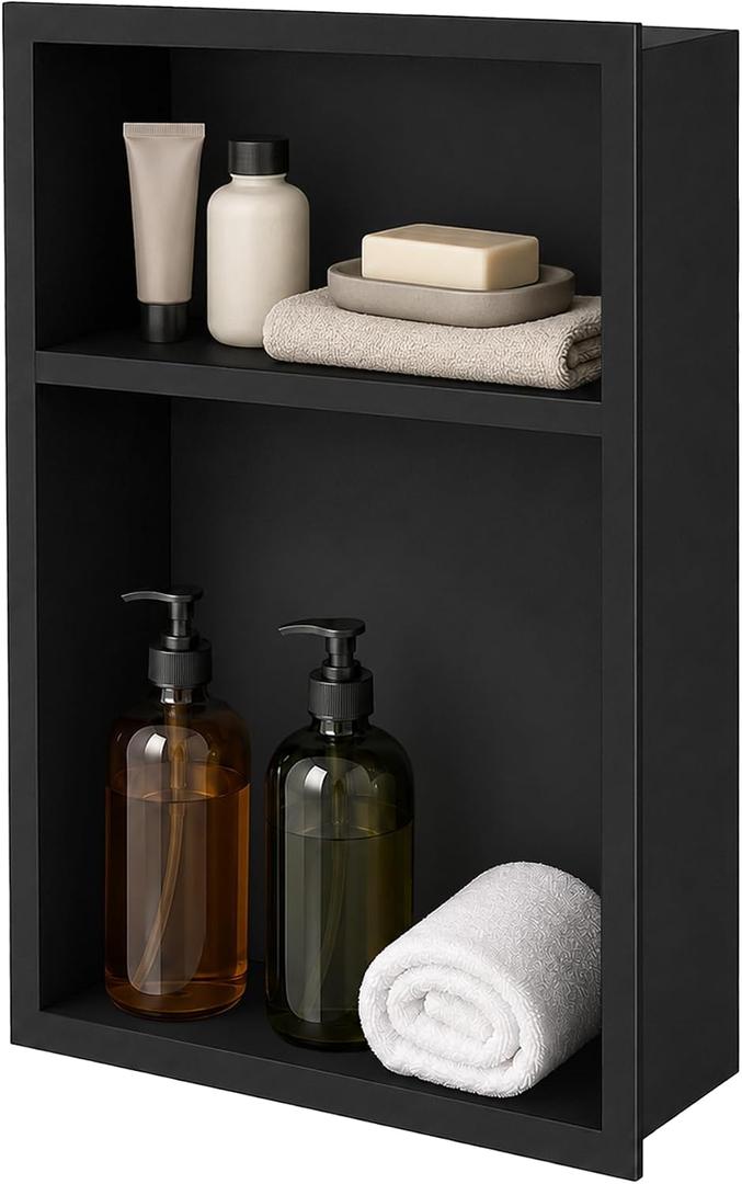 Stainless Steel Shower Niche with Double Shelves, 18" X 12" Shower Shelves Organizer, Recessed Niche for Wall Insert, Bathroom Shower Shelf for Inside Shower, No Tile Needed, Matte Black