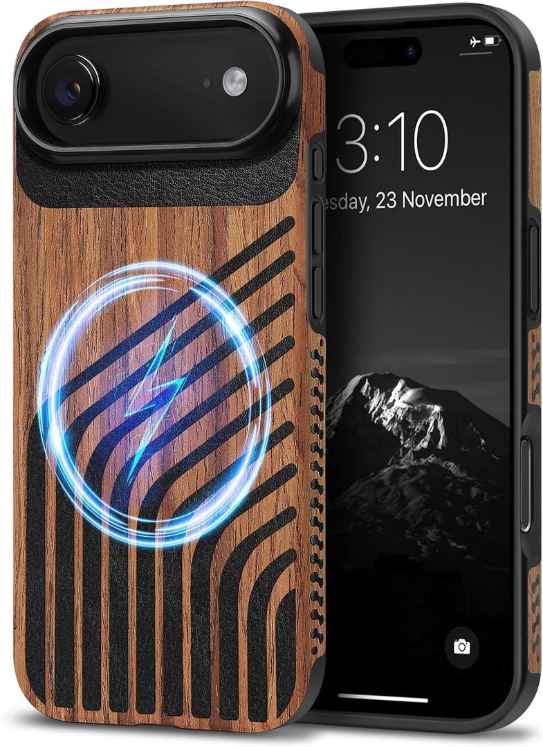 TENDLIN Magnetic Case Compatible with iPhone Air Case Wood Grain with Carbon Fiber Texture Design Leather Hybrid Slim Cover (Compatible with MagSafe) Hairline