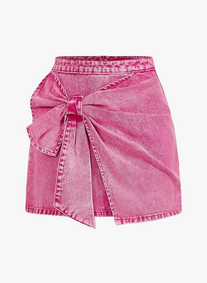 Floerns Women's Plus Size High Waist Denim Skirt Wrap Front Bow Bodycon Mini Skirt, size-S