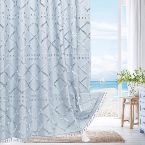 Amazon.com: Craidlela Boho Fog Blue Woven Fabric Shower Curtain with Tassel 72 x 72, Bohemia Tufted Chevron Striped Chic Textured, Blue Waterproof Modern Farmhouse Minimalist Curtain for Bathroom, Hotel Decor : Home & Kitchen