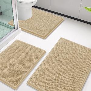 Smiry Chenille Bathroom Rugs Sets 3 Piece (30x20+24x16+24x20, Beige)