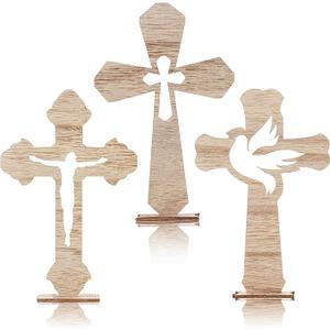 yadiana 24 Pcs Easter Wooden Crosses for Crafts, Baptism Wood Centerpieces for Tables, Small Rustic Standing Wooden Cross with Bases, Catholic First Communion Decorations, 6.7 X 4.3 Inches（Brown）