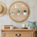 Pinkunn Rattan Wall Shelf Round Wicker Shelves Boho Wall Mounted Display Storage 2 Tier Circle Farmhouse Home Decorations for Dining Room Living Room Office Kitchen Bathroom, 23.62 x 23.62 x 4.72 inches